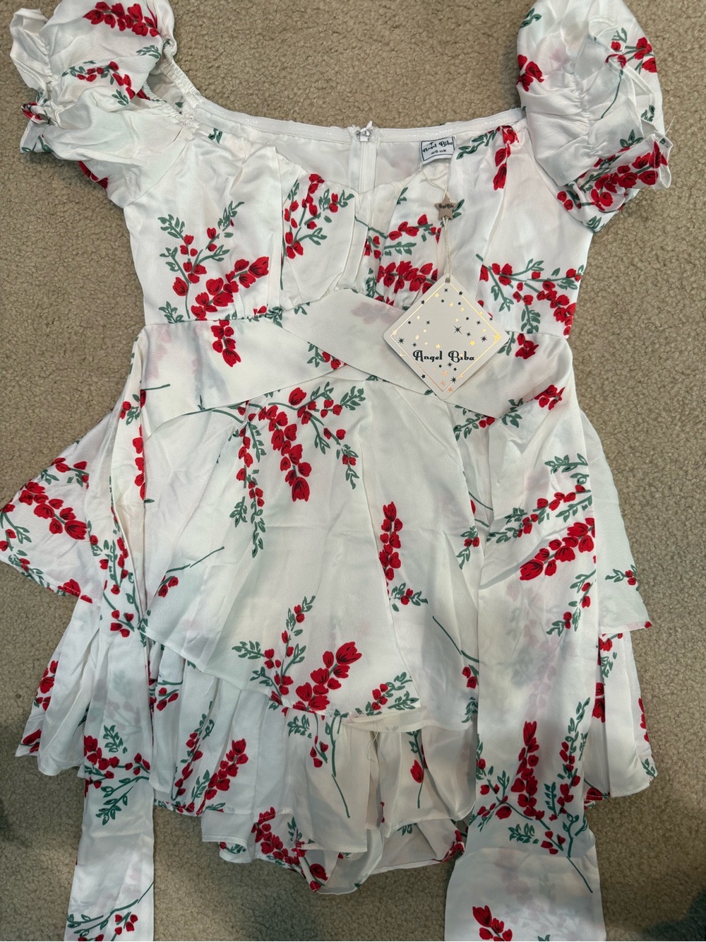Angel Biba White Dress with Red Floral Print and Green Leaves